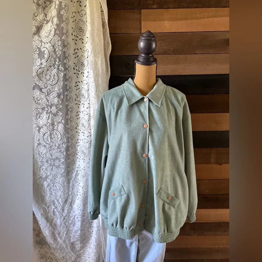 Vintage 80s Seafoam Green Soft Button Up Teddi Lightweight Jacket Plus Size